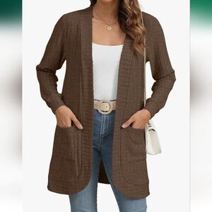 YSYOKOW Lightweight Long Cardigan Knit Duster Brown Open Front Pockets Women